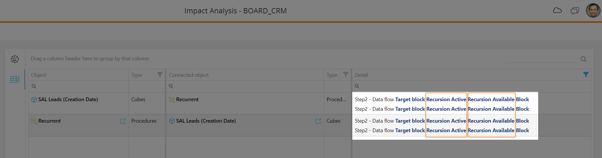 Recursion options in the Impact Analysis